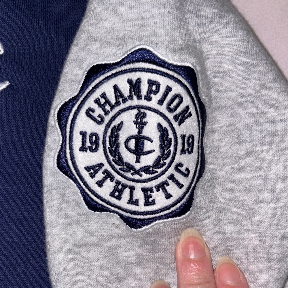 Champion Kids' Two-Tone Varsity Jacket - Olive, Navy, and Gray EUC - Picture 4 of 7